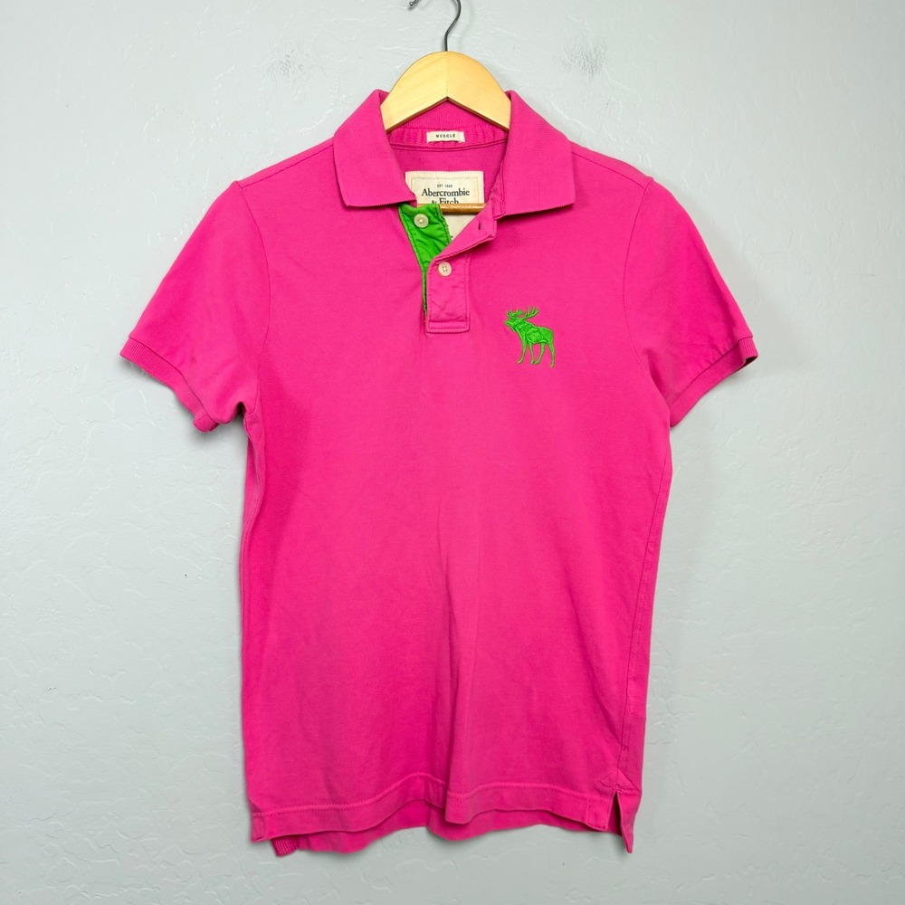 Abercrombie & Fitch Mens Muscle Fit Polo Shirt Pink Green Moose Logo Y2K Size S